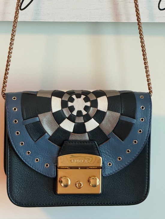Furla Handbags - FURLA Metropolis Geometric Crossbody Bag Rebel Spirit Leather Purse Blue Black